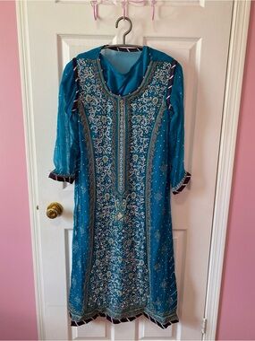 Womens 3pc Pakistani Suit Blue Desi Suit Heavy Dress Wedding Wear Size Large